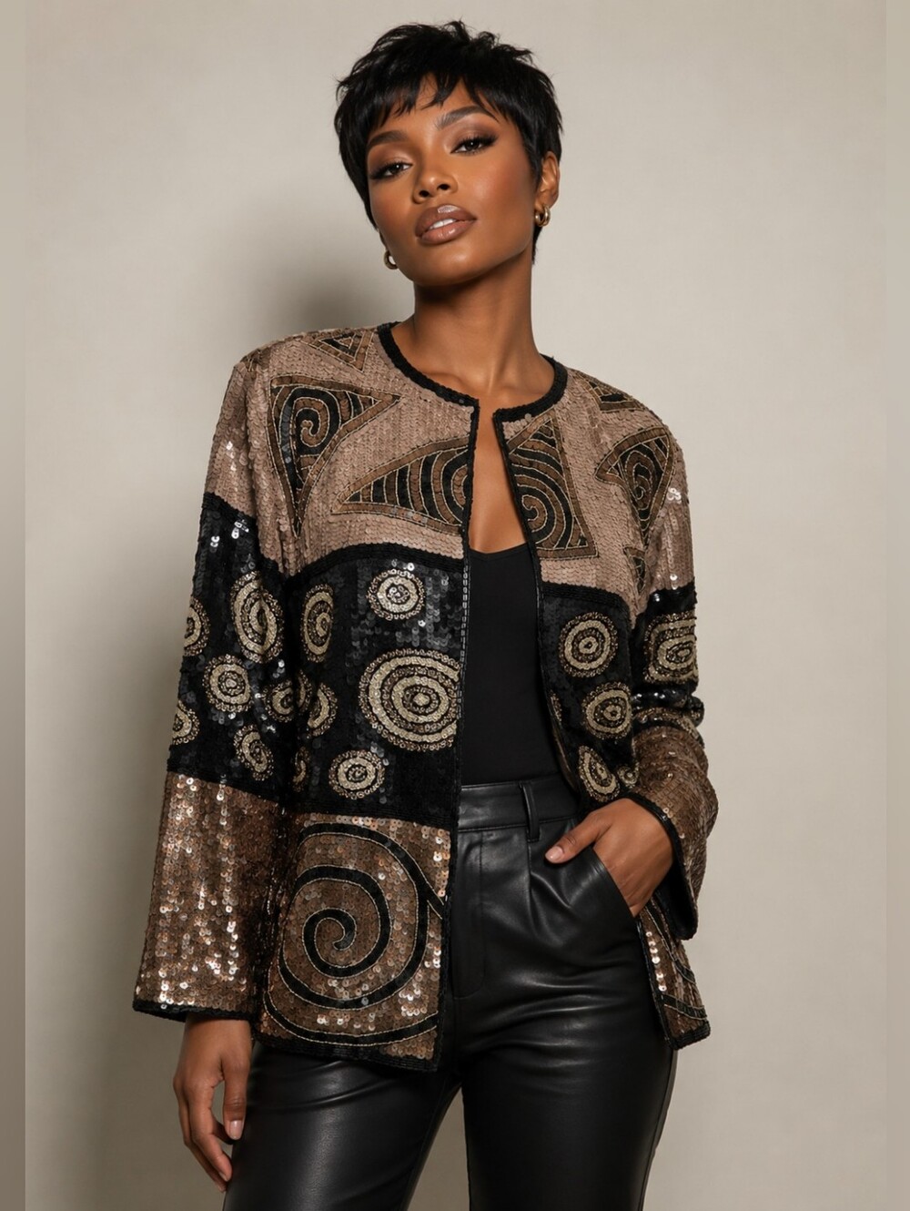 Vintage 80s Candlelight Bronze & Black Sequined Geometric Blazer 🔥😮‍💨🫰🏾